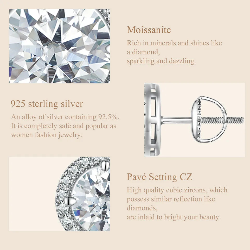 Bamoer U 0,5/1 CT Moissanit-Halo-Ohrringe, 925er Sterlingsilber, 4 Zinken, Ohrstecker, Rundschliff, für Frauen, Verlobungsgeschenk, edler Schmuck