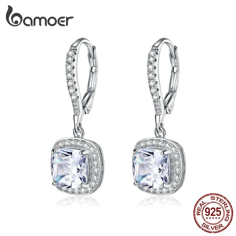 Bamoer authentische Sterling silber schillernde cz quadratische geometrische Tropfen ohrringe für Frauen 14 Karat vergoldeten Hochzeits schmuck sce520