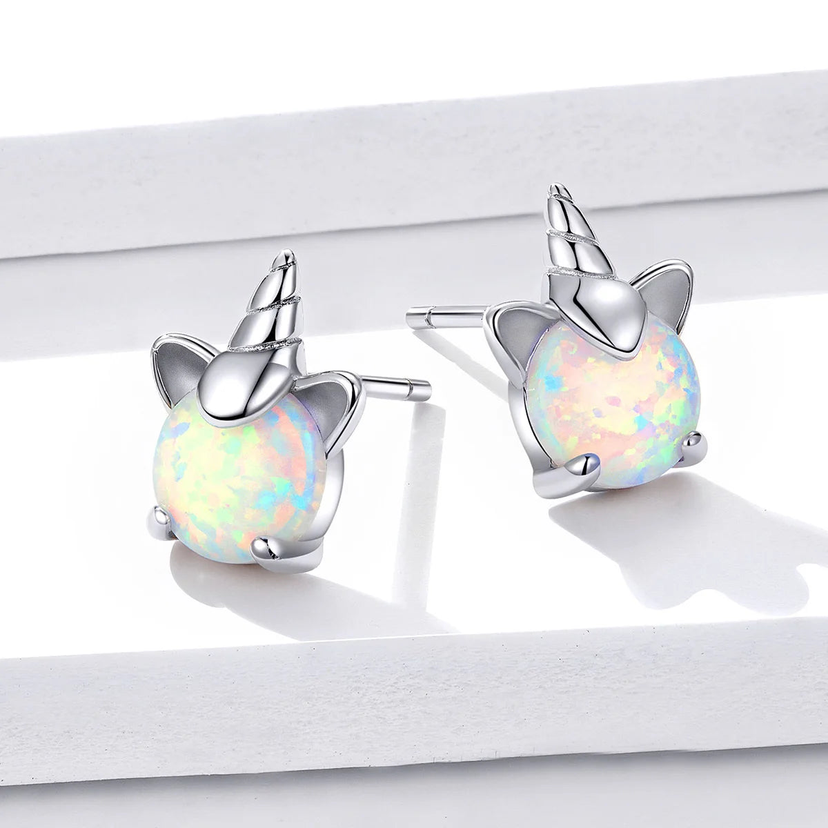 WOSTU 925 Sterling Silber Opal Stud Ohrringe Katze Einhorn Herz Blau Opal Ohrringe Für Frauen Original Silber 925 Schmuck