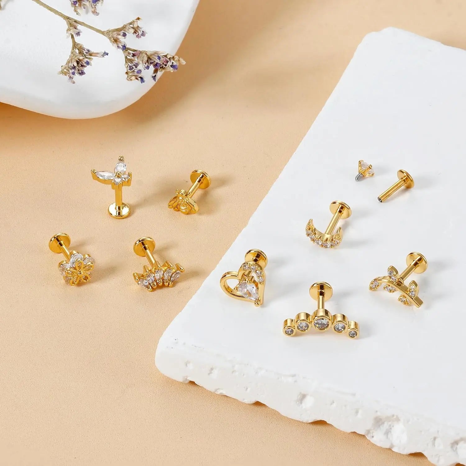 Drperfect 9-teiliges Knorpel-Ohrring-Set mit Schraubverschluss, Tragus Helix Conch, Innengewinde, Labret-CZ-Ohrringe, Piercing für Frauen