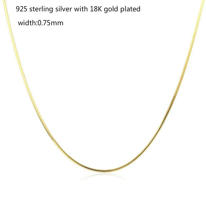 35-60 cm 0,75 mm dünne achteckige Schlangenkette lange Halskette Damen Mädchen Schmuck echtes 925er Sterlingsilber Gold Farbe Kolye Colier