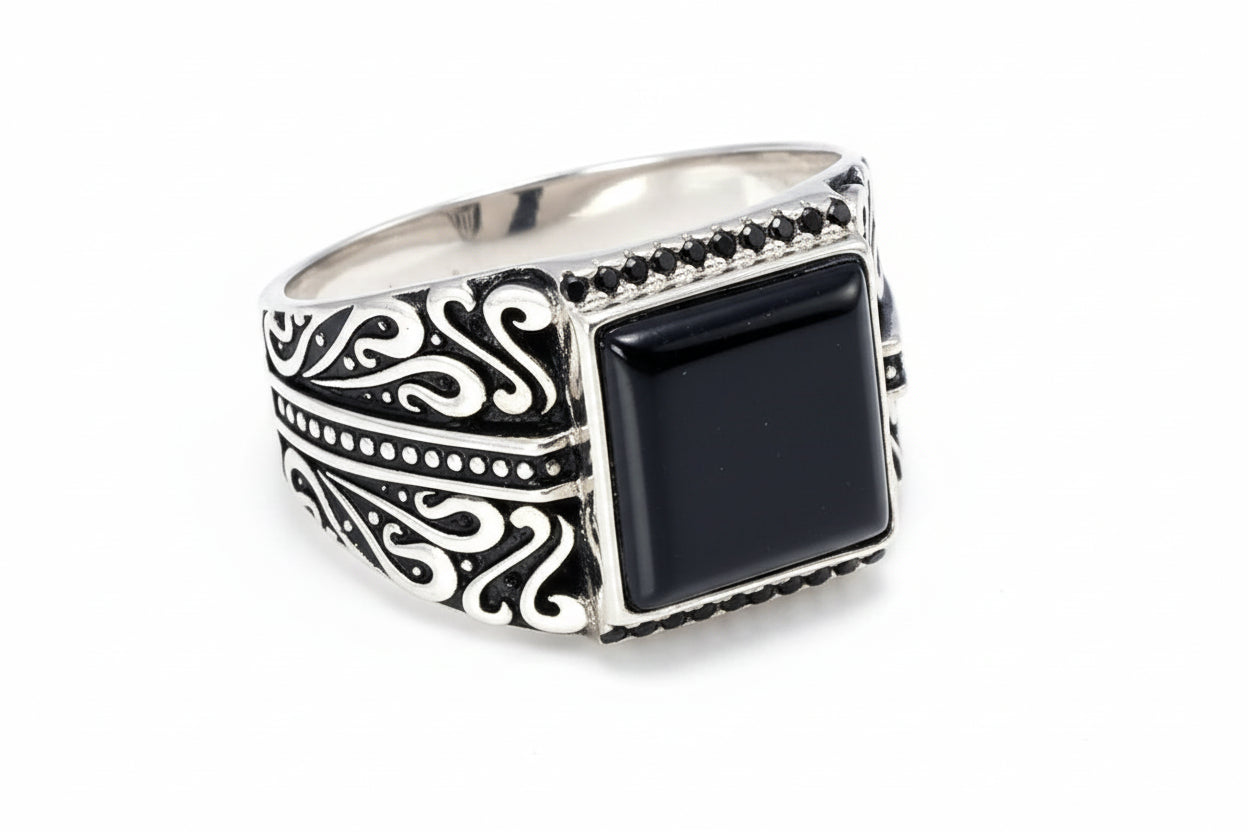 925er Silber-Siegelring Vintage Flower – Mit quadratischem Naturstein Türkischer Gravur