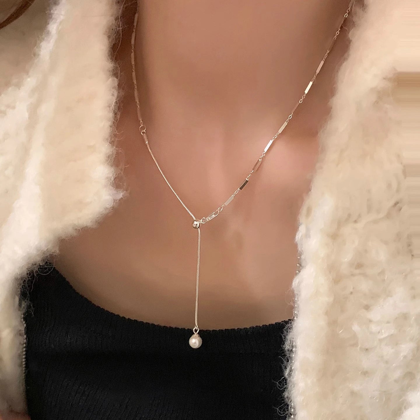 Halskette aus 925er-Sterlingsilber, schwarze Perlen, quadratisch, unregelmäßig, Punk, geometrisch, für Frauen und Mädchen, Schmuck, Geschenk, Dropshipping, Großhandel