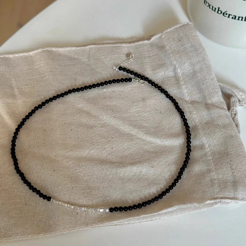 Halskette aus 925er-Sterlingsilber, schwarze Perlen, quadratisch, unregelmäßig, Punk, geometrisch, für Frauen und Mädchen, Schmuck, Geschenk, Dropshipping, Großhandel