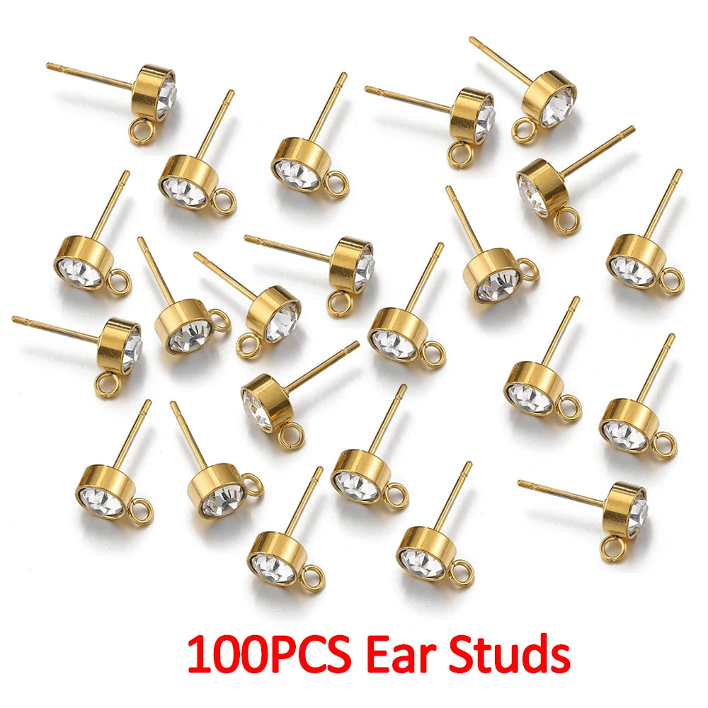 100 Stück/20 Stück Edelstahl-Strass-Ohrringpfosten, goldfarbene Ohrstecker mit Schlaufenringen, DIY-Ohrringe, Schmuckherstellungszubehör