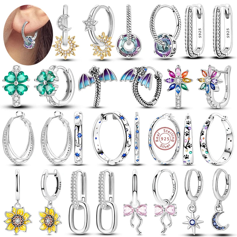 Heiße Verkäufe 925 Sterling Silber Creolen Blume Stern Mond Sonne Creolen mit Zirkonia Modeschmuck für Frauen Mädchen