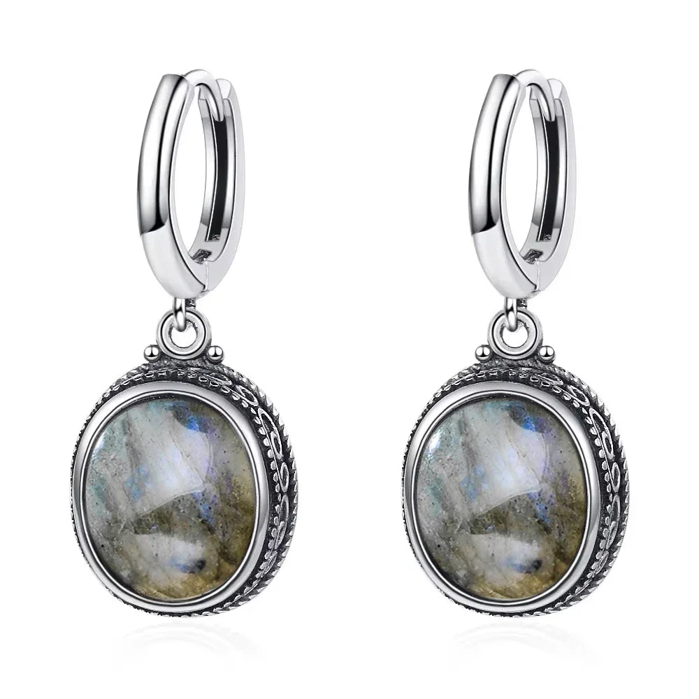 Vintage-Ohrring aus 925er-Sterlingsilber, ovaler natürlicher Kyanit-Stein, Mondstein, Labradorit, Creolen mit Halskette, Set für Frauen