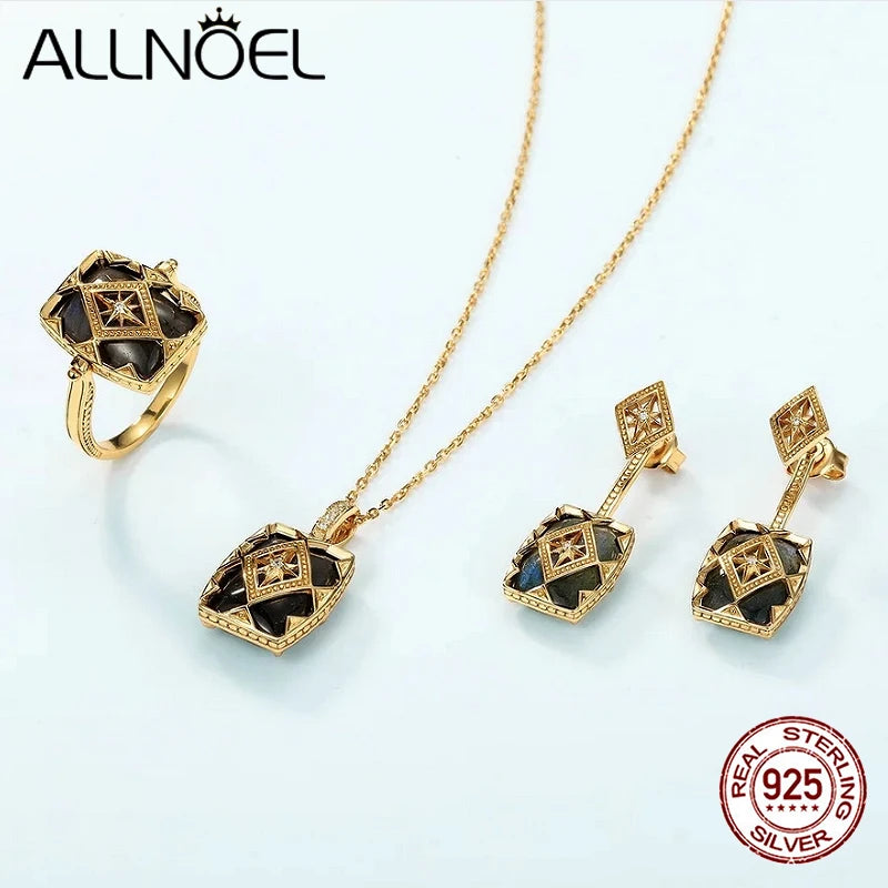 ALLNOEL Vintage-Ring-Anhänger aus 925er-Sterlingsilber, natürlicher Labradorit, Ohrring, Modeschmuck, Weihnachtsfeier, Geschenk, Zubehör