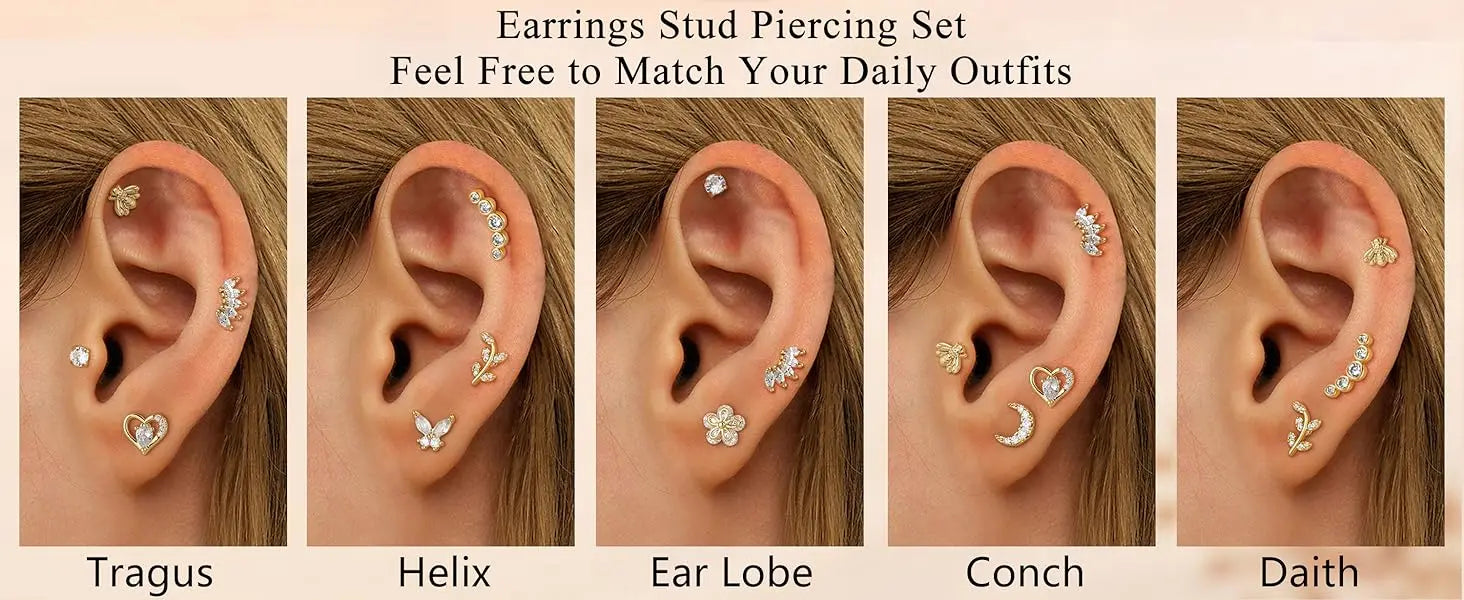 Drperfect 9-teiliges Knorpel-Ohrring-Set mit Schraubverschluss, Tragus Helix Conch, Innengewinde, Labret-CZ-Ohrringe, Piercing für Frauen