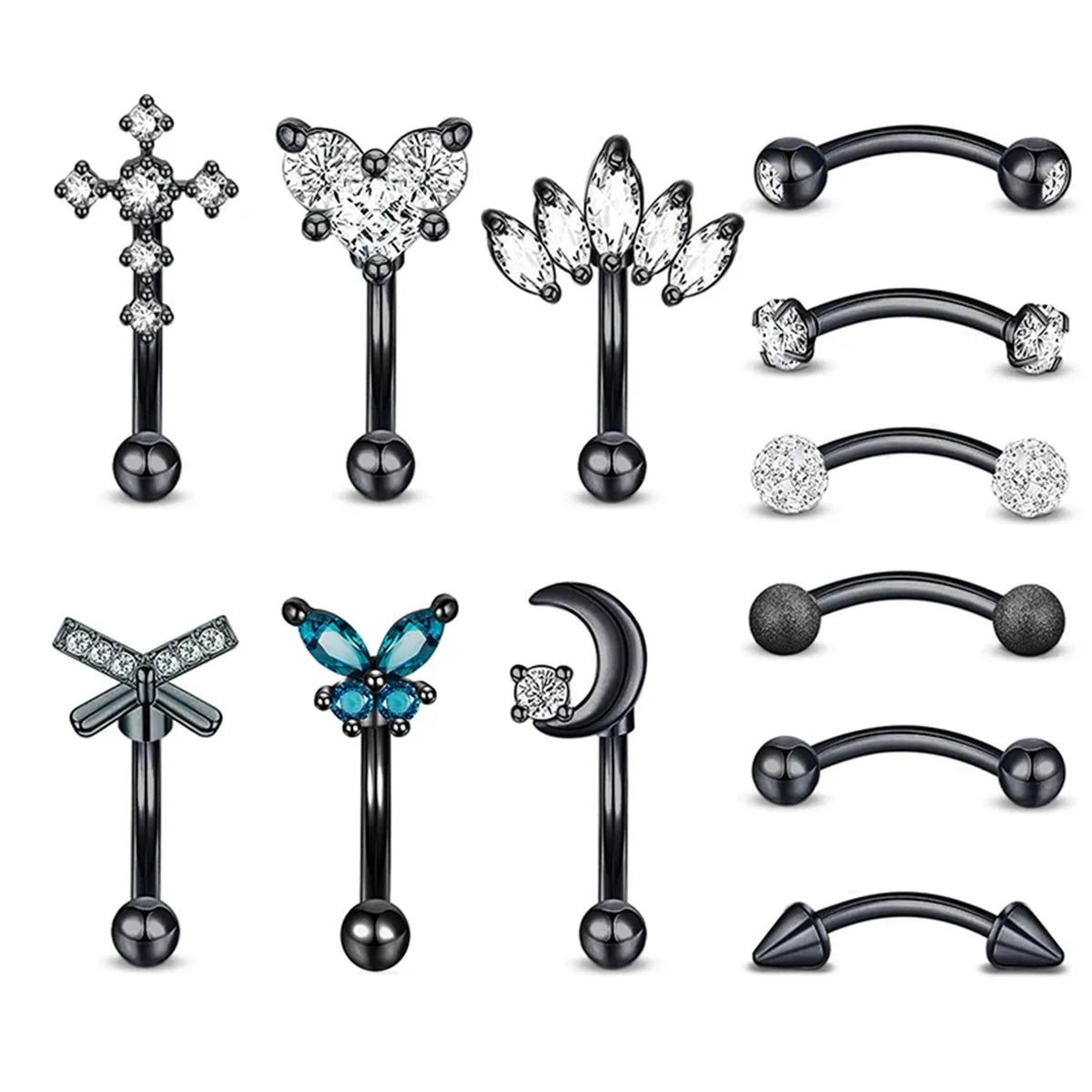 12er Piercing Set 16G Gebogene Langhantel Rook Daith Augenbraue Knorpel