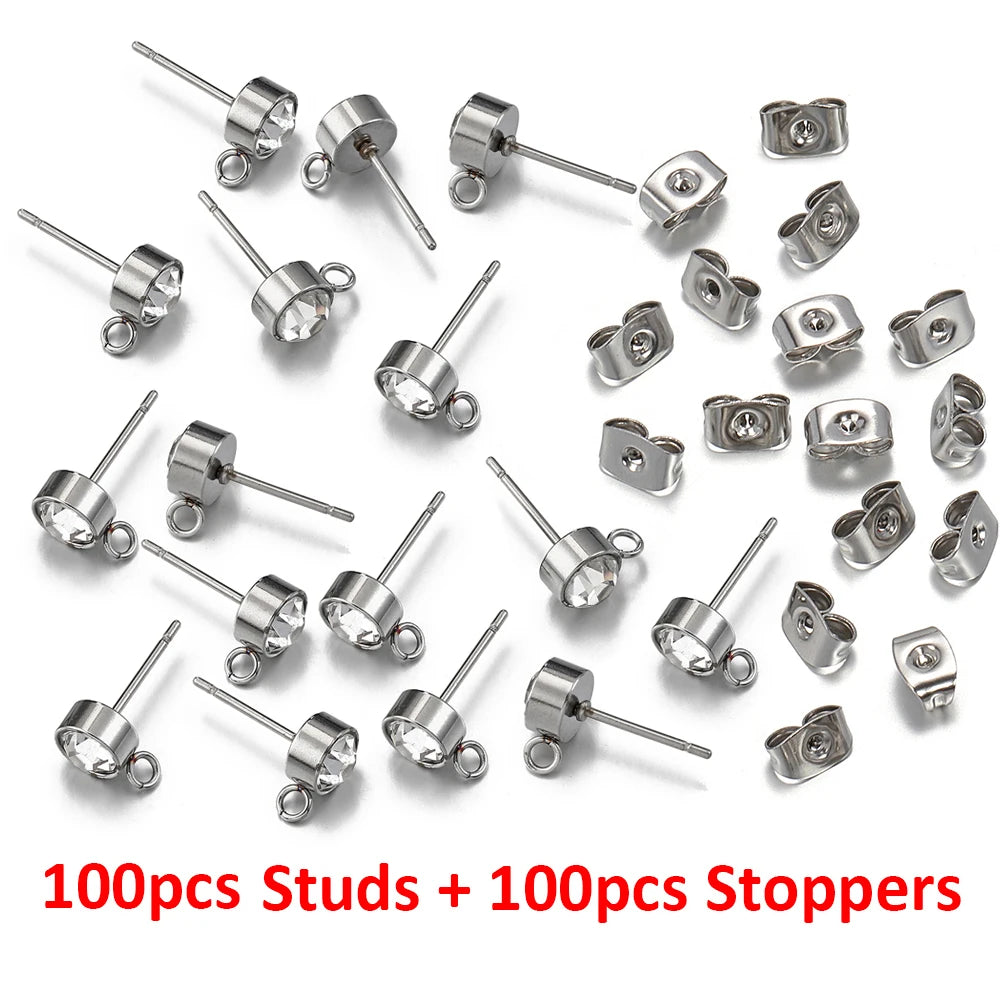 100 Stück/20 Stück Edelstahl-Strass-Ohrringpfosten, goldfarbene Ohrstecker mit Schlaufenringen, DIY-Ohrringe, Schmuckherstellungszubehör