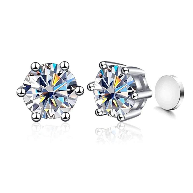Piercingfreie magnetische Ohrstecker mit sechs Krallen, 1 Karat Moissanit-Ohrringe für Damen und Herren, Original-Schmuck aus 925er Sterlingsilber