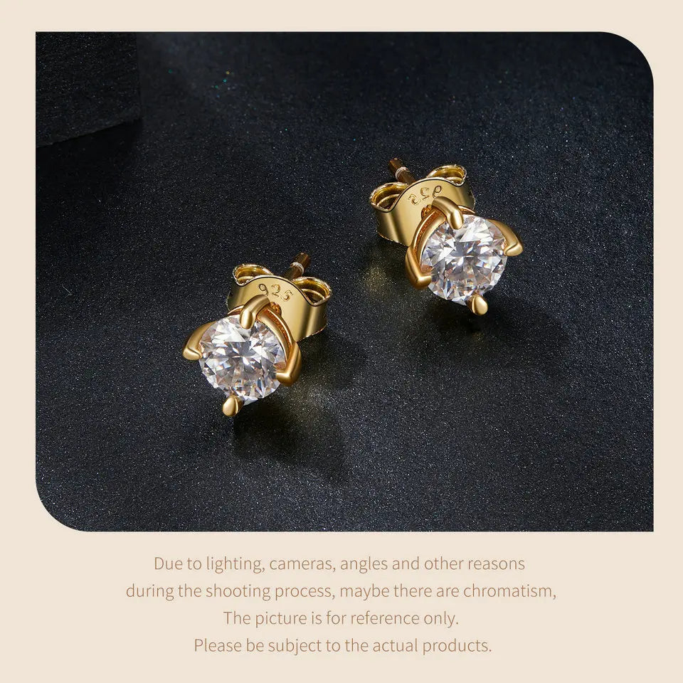 BAMOER vergoldete runde Moissanit-Ohrstecker für Damen, 925er Sterlingsilber, klassischer Verlobungs- und Hochzeitsschmuck, Geschenk MSE038