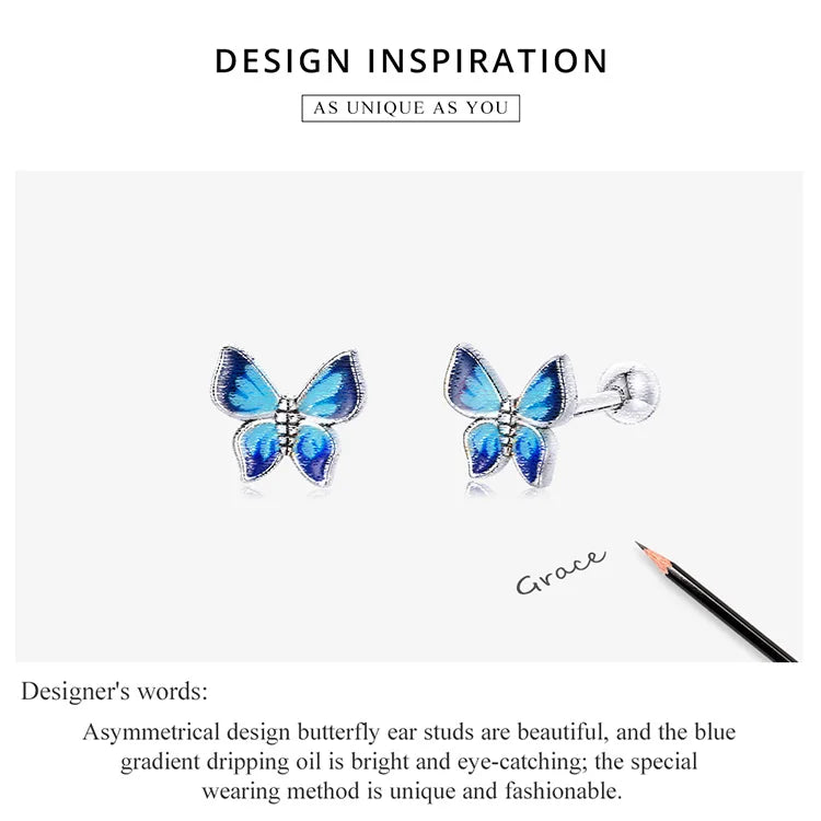 Bamoer Luxus-Ohrringe für Mädchen aus 925er-Sterlingsilber, Regenbogen-Schmetterling, niedlich, schick, lustig, Ohrstecker, Original für Damen, Party, edler Schmuck