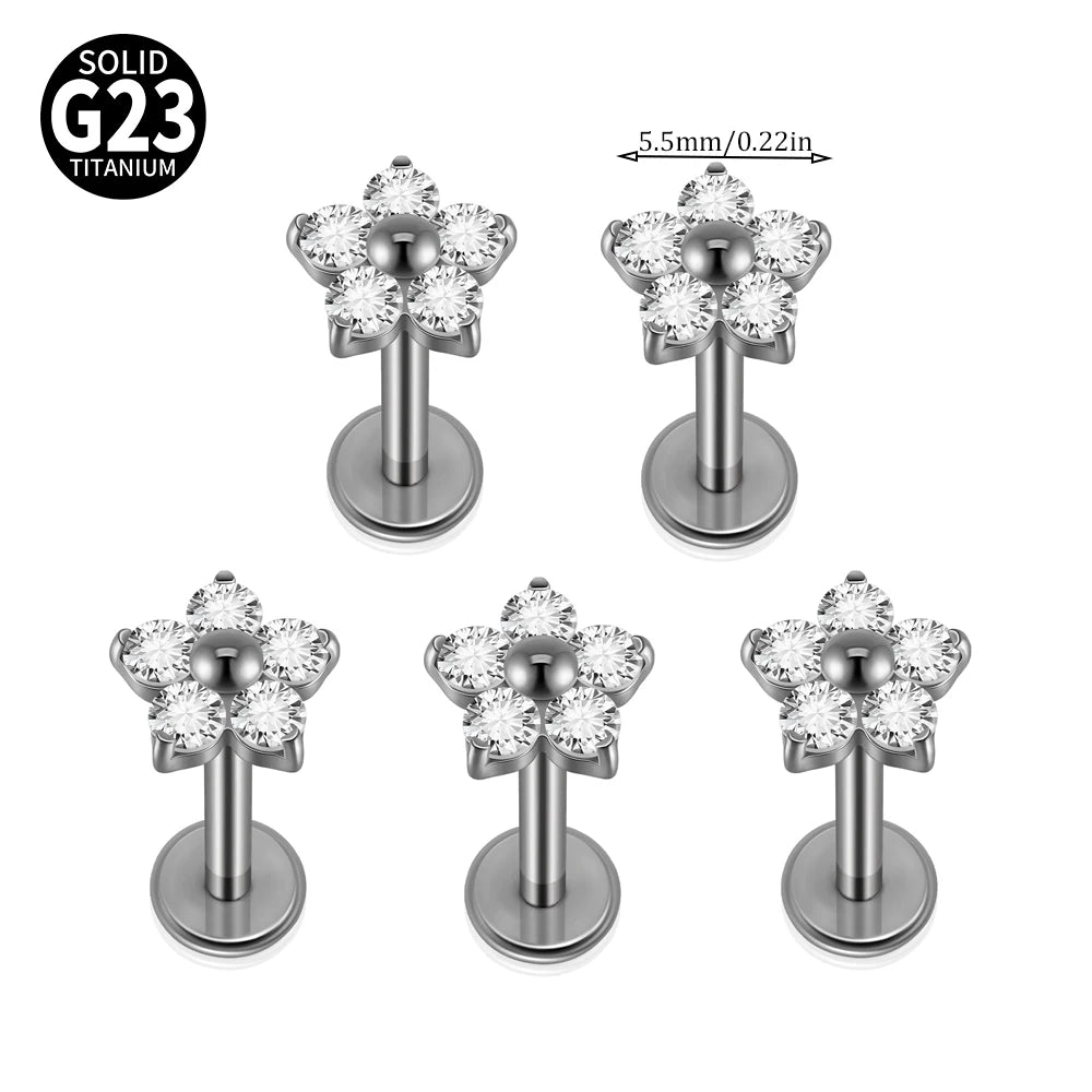 1/5PCS F-136 Implantat Titan Verschiedene Größe Blume Zirkonia Labret 16G Innengewinde Knorpel Helix Lappen Ohrring Piercing