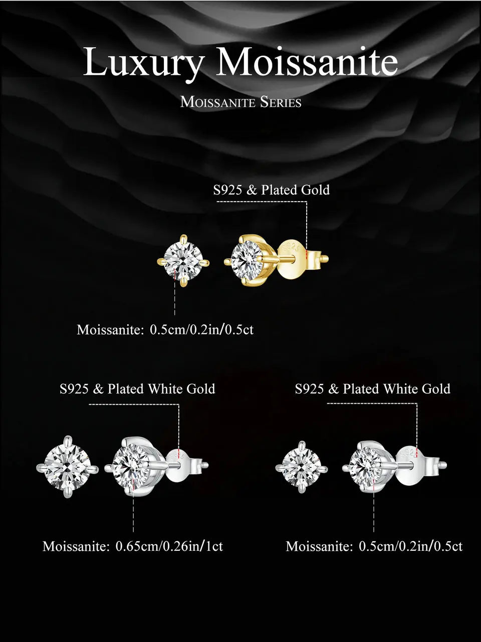 BAMOER vergoldete runde Moissanit-Ohrstecker für Damen, 925er Sterlingsilber, klassischer Verlobungs- und Hochzeitsschmuck, Geschenk MSE038