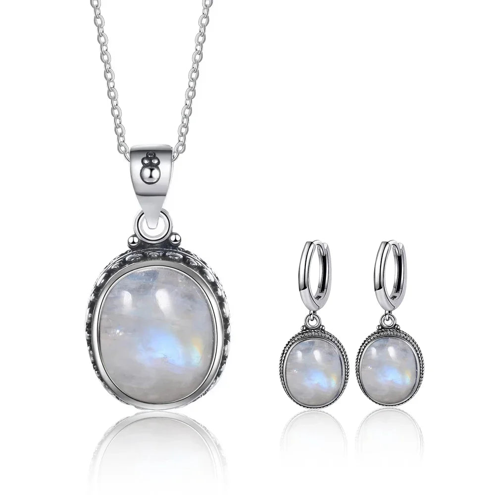 Vintage-Ohrring aus 925er-Sterlingsilber, ovaler natürlicher Kyanit-Stein, Mondstein, Labradorit, Creolen mit Halskette, Set für Frauen