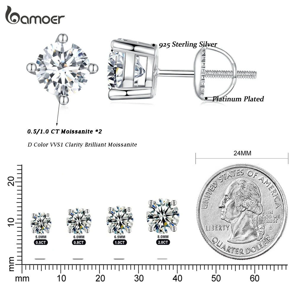 BAMOER 4-Zinken-Moissanit-Ohrringe für Damen, massives 925er-Sterlingsilber, 2 CT VVS1, Labordiamant, funkelnder klassischer Hochzeitsschmuck
