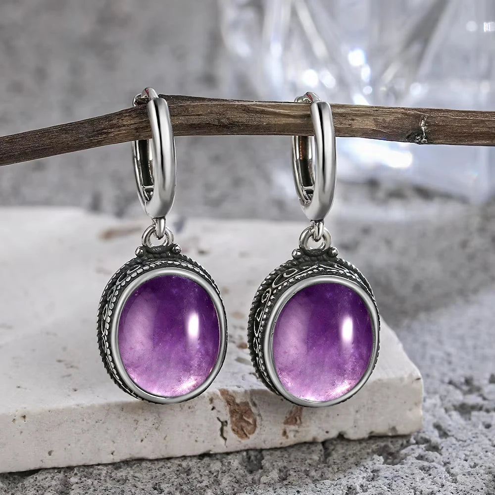 Vintage-Ohrring aus 925er-Sterlingsilber, ovaler natürlicher Kyanit-Stein, Mondstein, Labradorit, Creolen mit Halskette, Set für Frauen