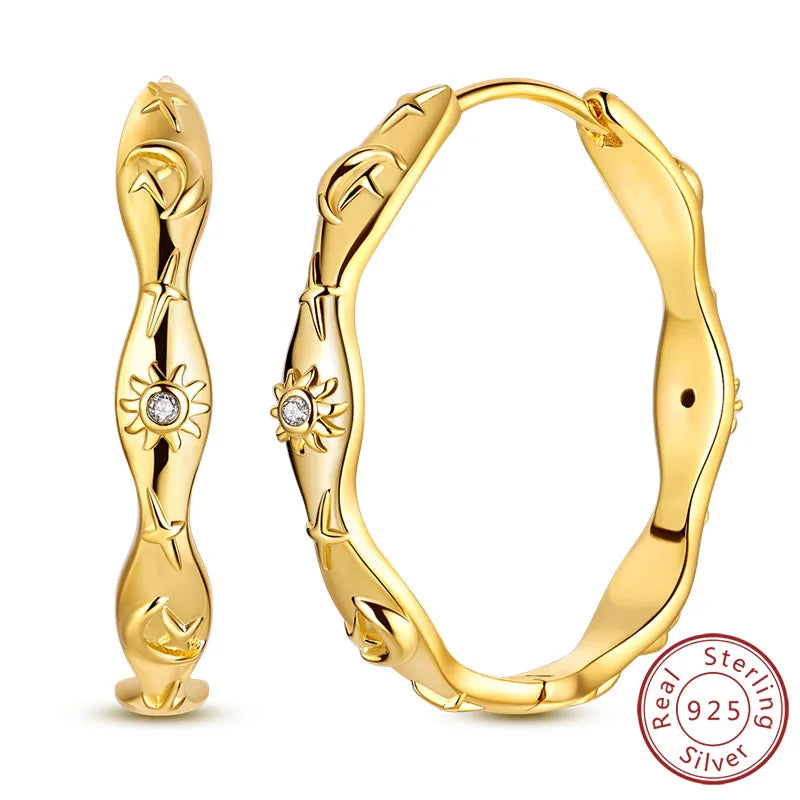 Neue Creolen aus 925er-Sterlingsilber, Gold, Gold, funkelnde Sonne, Mond, Stern, Ohrringe, Ohrstecker, Tropfen für Frauen, Mädchen, Party, edler Schmuck, Geschenk