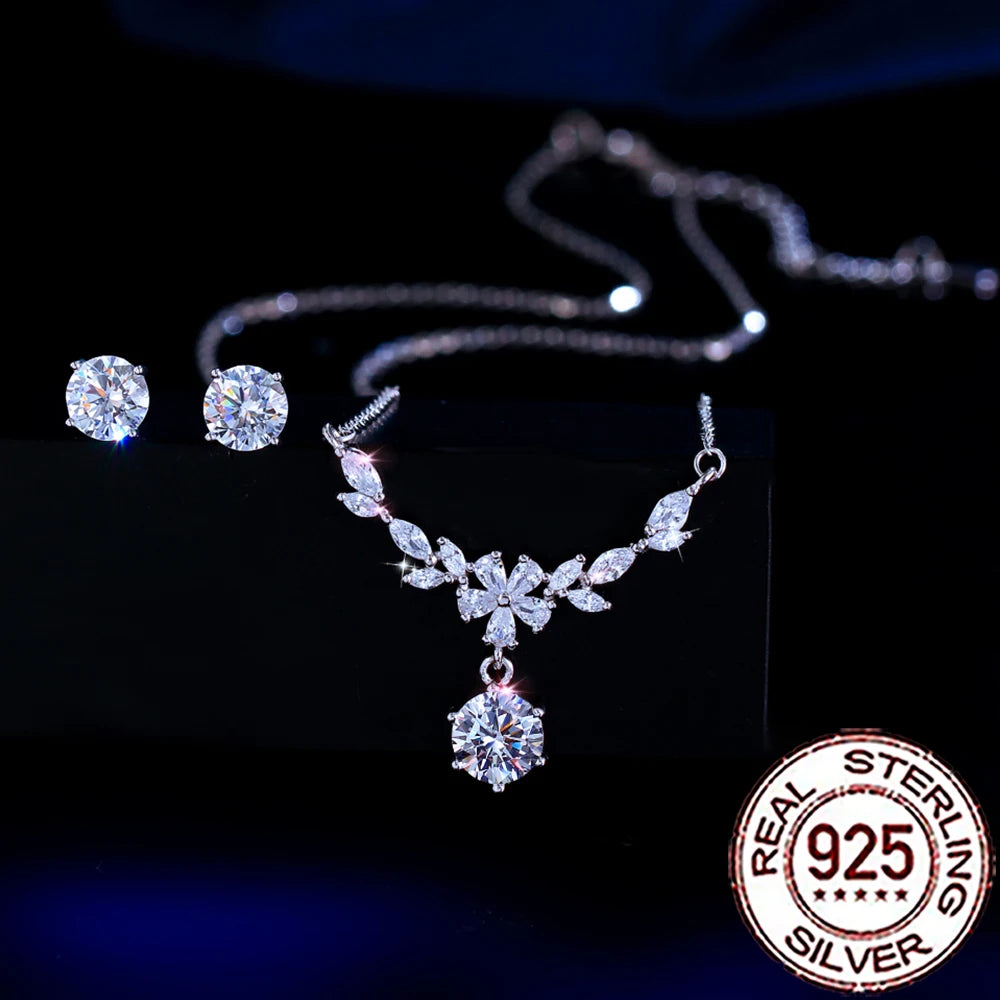 QooLady Halskette-Ohrringe-Sets aus Sterlingsilber 925, elegant, glänzend, CZ-Stein, Blatt-Blumen-Halskette, Ohrringe-Sets für Frauen, feiner Hochzeitsschmuck ST030