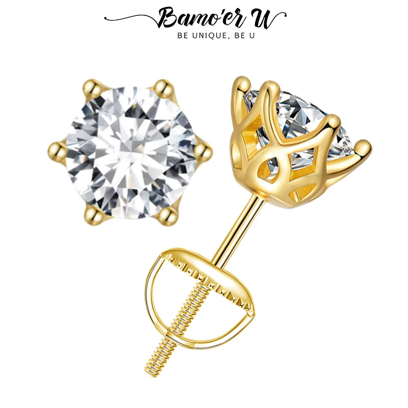 Bamoer U Gold-Moissanit-Ohrstecker, Ohrringe mit Schraubverschluss, Edelstein, Diamant, 6 Zinken, D-Farbe, Solitär für Frauen, Hochzeitsgeschenk