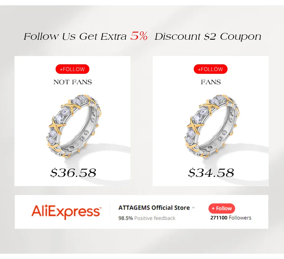 ATTAGEMS Eternity DVVS1 Moissanit-Ring für Damen, 100 % echtes 925er-Sterlingsilber, vergoldet, Hochzeit, Party, Charm, edler Schmuck, neu