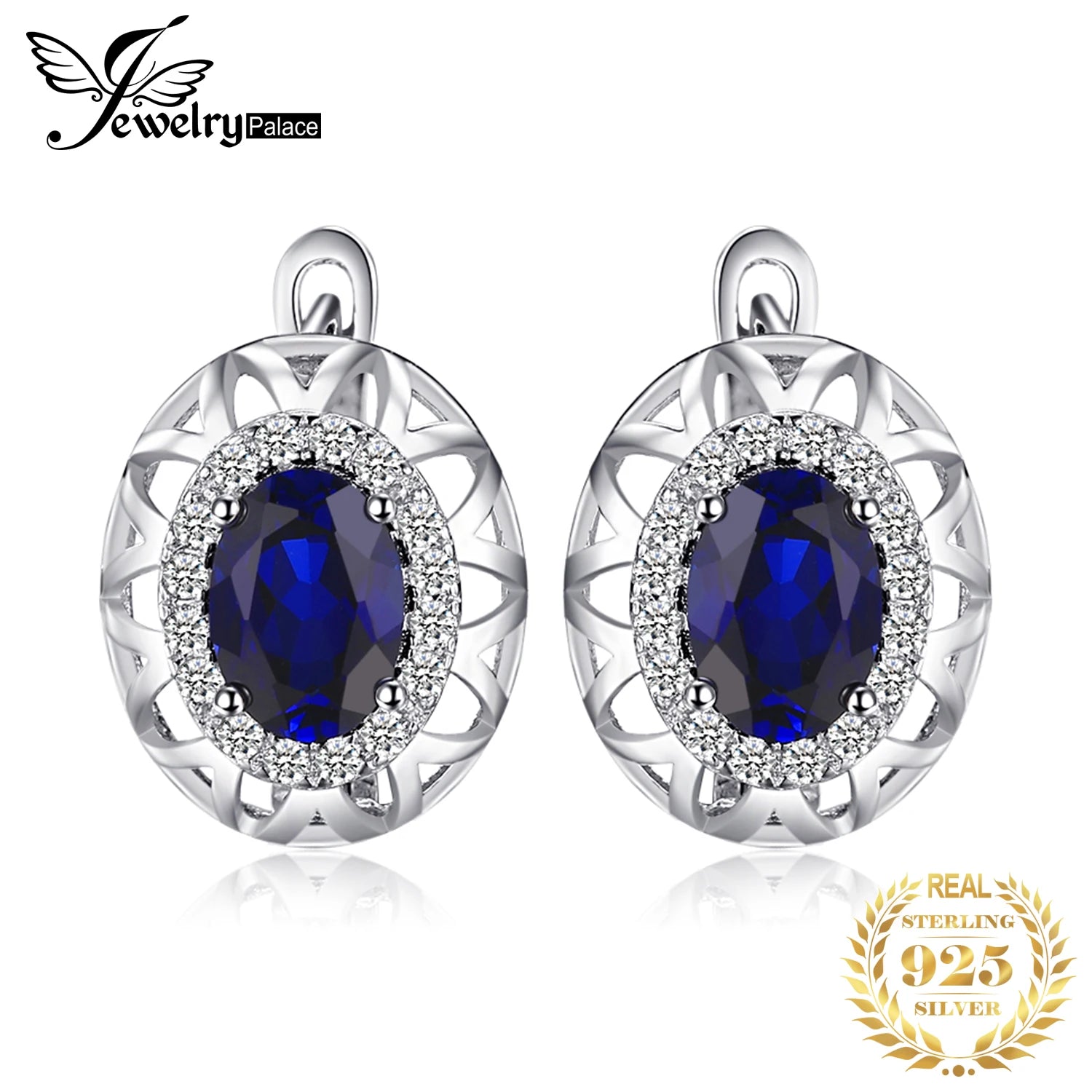 JewelryPalace Oval Kesim Düzenlendi Mavi Safir 925 Ayar Gümüş Halka Küpe Kadınlar için Moda Bildirimi Taş Takı