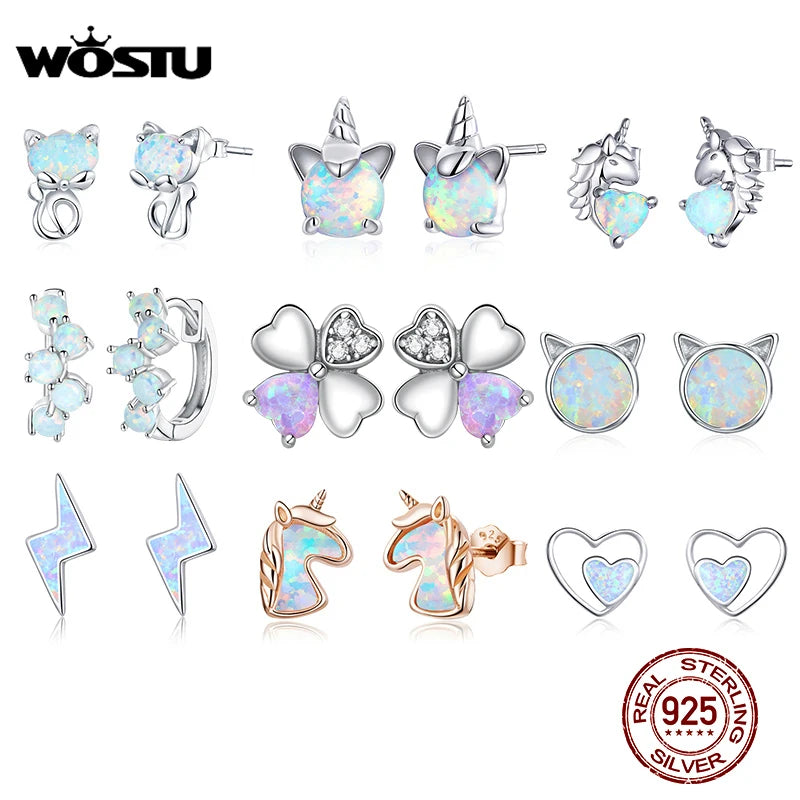 WOSTU 925 Sterling Silber Opal Stud Ohrringe Katze Einhorn Herz Blau Opal Ohrringe Für Frauen Original Silber 925 Schmuck