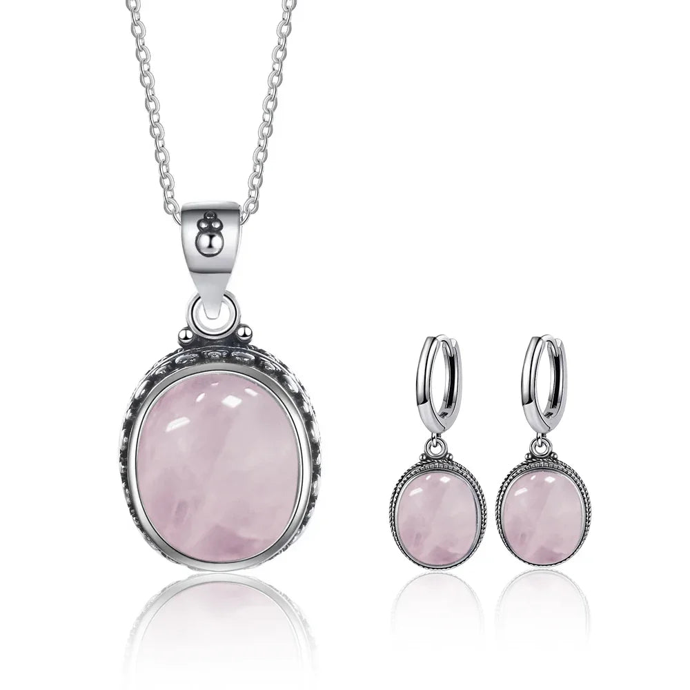 Vintage-Ohrring aus 925er-Sterlingsilber, ovaler natürlicher Kyanit-Stein, Mondstein, Labradorit, Creolen mit Halskette, Set für Frauen