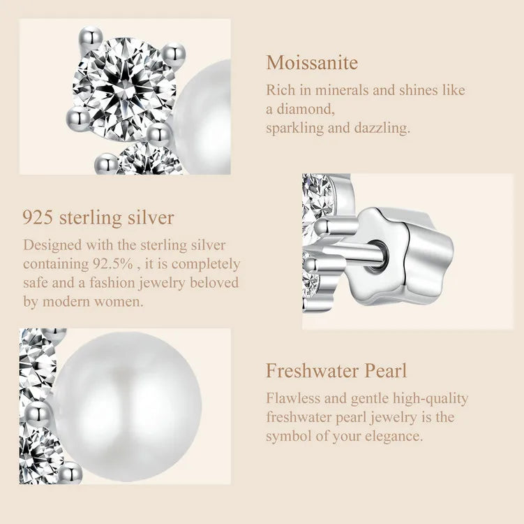 Bamoer U Moissanit-Ohrstecker, natürliche Süßwasserperlen-Ohrringe, Original für Damen, Luxus-Schmuck, Geschenk, 925er Sterlingsilber