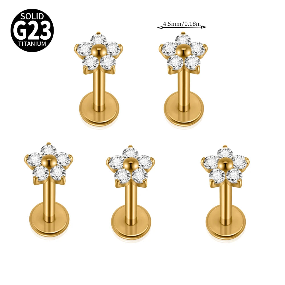 1/5PCS F-136 Implantat Titan Verschiedene Größe Blume Zirkonia Labret 16G Innengewinde Knorpel Helix Lappen Ohrring Piercing