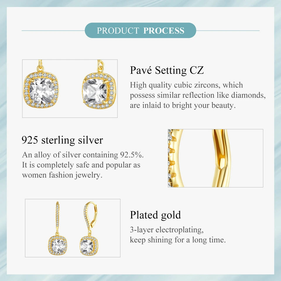 Bamoer authentische Sterling silber schillernde cz quadratische geometrische Tropfen ohrringe für Frauen 14 Karat vergoldeten Hochzeits schmuck sce520