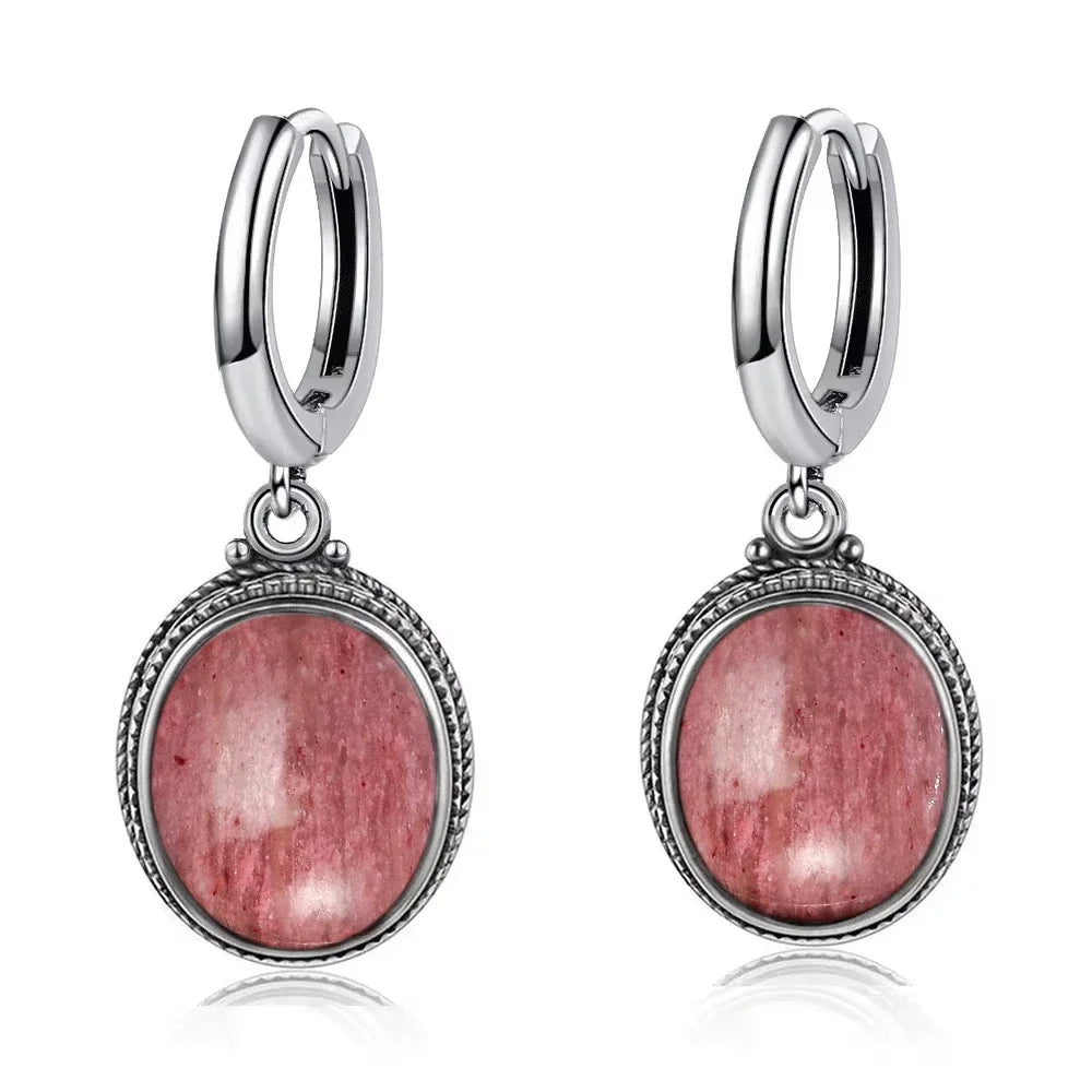 Vintage-Ohrring aus 925er-Sterlingsilber, ovaler natürlicher Kyanit-Stein, Mondstein, Labradorit, Creolen mit Halskette, Set für Frauen