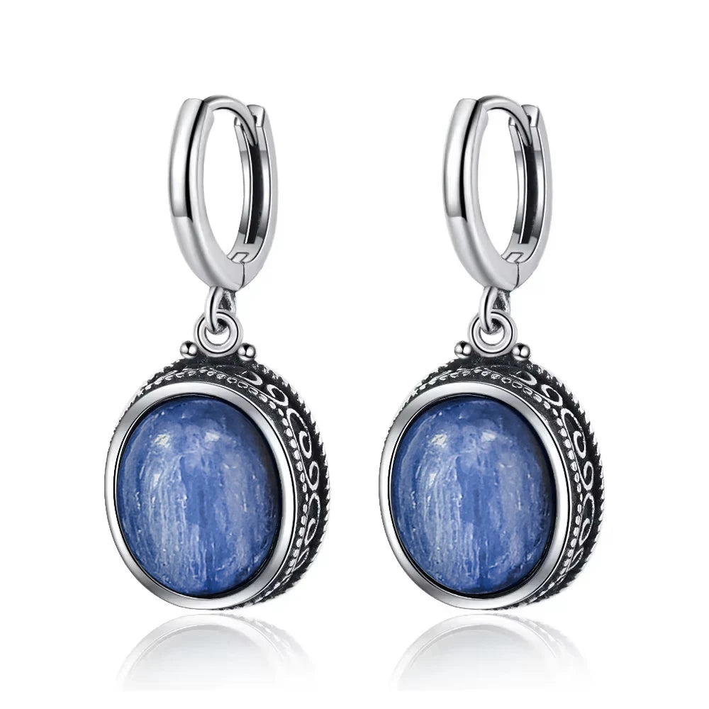 Vintage-Ohrring aus 925er-Sterlingsilber, ovaler natürlicher Kyanit-Stein, Mondstein, Labradorit, Creolen mit Halskette, Set für Frauen