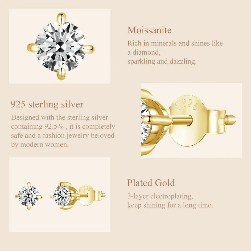 BAMOER vergoldete runde Moissanit-Ohrstecker für Damen, 925er Sterlingsilber, klassischer Verlobungs- und Hochzeitsschmuck, Geschenk MSE038
