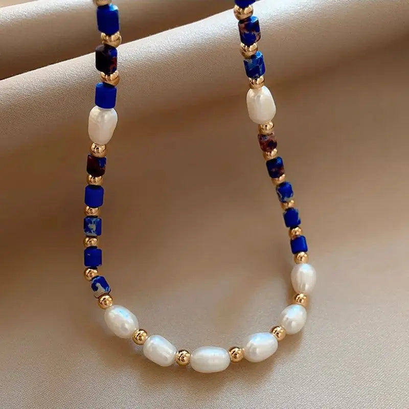 Neue Ankunft 100% Natürliche Süßwasser Perle & Lapis Lazuli Stein 14K Gold Gefüllt Weibliche Perlen Kette Halskette Schmuck Für frauen