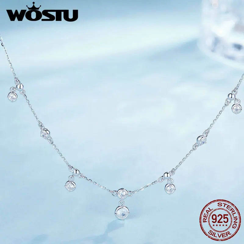WOSTU Echte 925er-Sterlings-Hochzeits-Stapelbare Herz-Quasten-Halskette, runde Zirkon-Kette, funkelnde Y-Kettenglieder, stapelbarer Schmuck