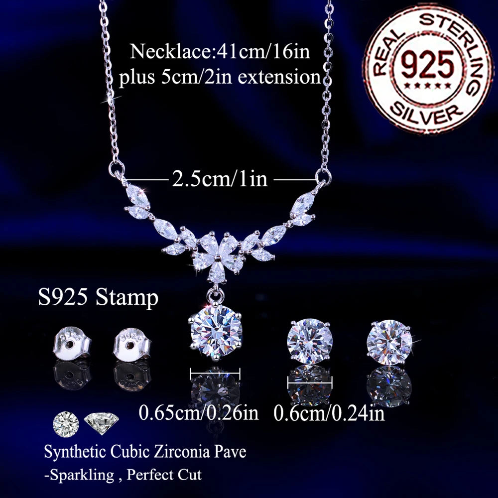 QooLady Halskette-Ohrringe-Sets aus Sterlingsilber 925, elegant, glänzend, CZ-Stein, Blatt-Blumen-Halskette, Ohrringe-Sets für Frauen, feiner Hochzeitsschmuck ST030