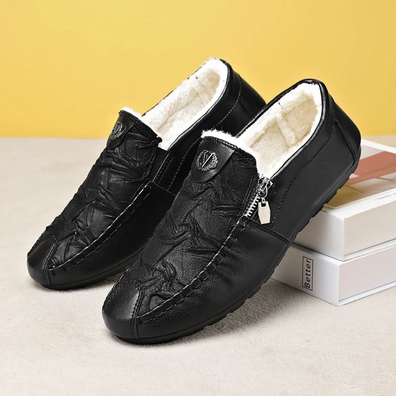 Winter Leder Männer Casual Schuhe Plüsch Warme Bequeme Halbschuhe Leichte Herren Fahren Schuhe Slip-on Herren Faule Schuhe Mokassins