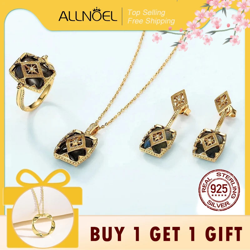 ALLNOEL Vintage-Ring-Anhänger aus 925er-Sterlingsilber, natürlicher Labradorit, Ohrring, Modeschmuck, Weihnachtsfeier, Geschenk, Zubehör