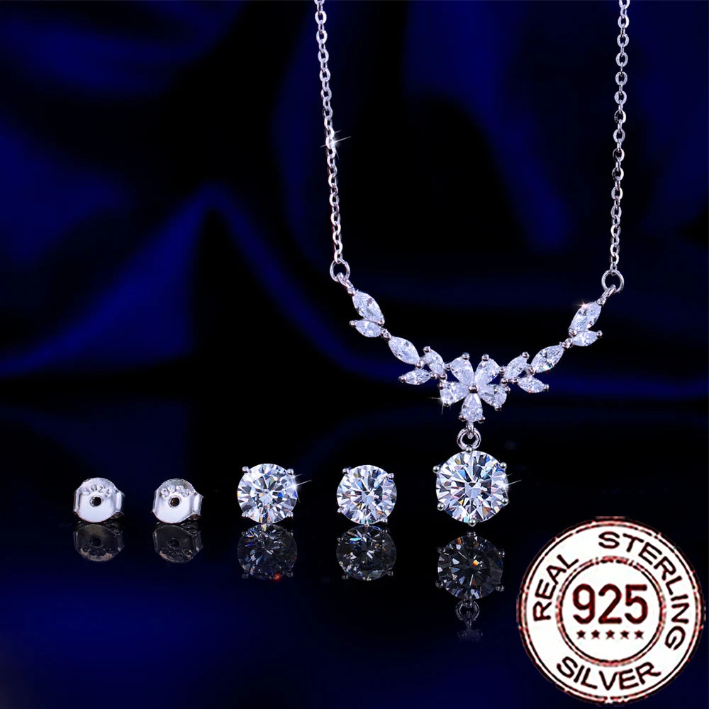 QooLady Halskette-Ohrringe-Sets aus Sterlingsilber 925, elegant, glänzend, CZ-Stein, Blatt-Blumen-Halskette, Ohrringe-Sets für Frauen, feiner Hochzeitsschmuck ST030