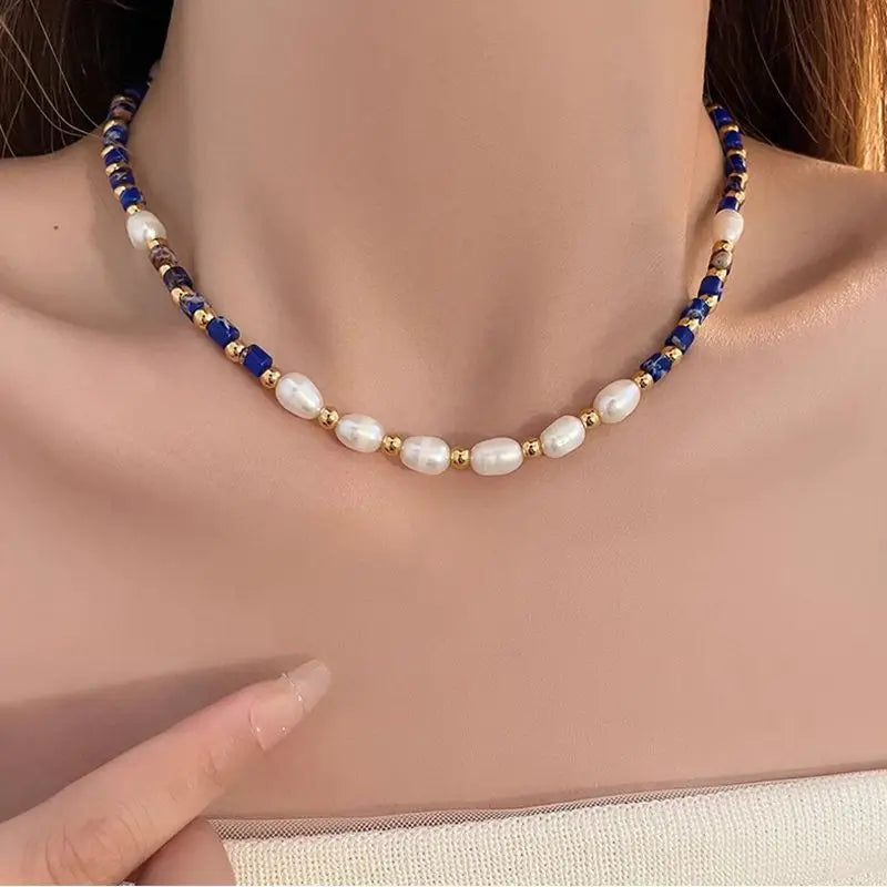 Neue Ankunft 100% Natürliche Süßwasser Perle & Lapis Lazuli Stein 14K Gold Gefüllt Weibliche Perlen Kette Halskette Schmuck Für frauen
