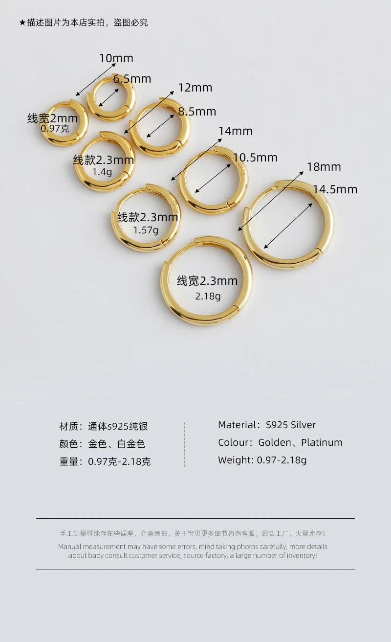 SOFTPIG Echtes 925er Sterlingsilber, 18 Karat Gold, 10/12/14/18 mm, runde Creolen für Damen, edler Schmuck, minimalistische Accessoires