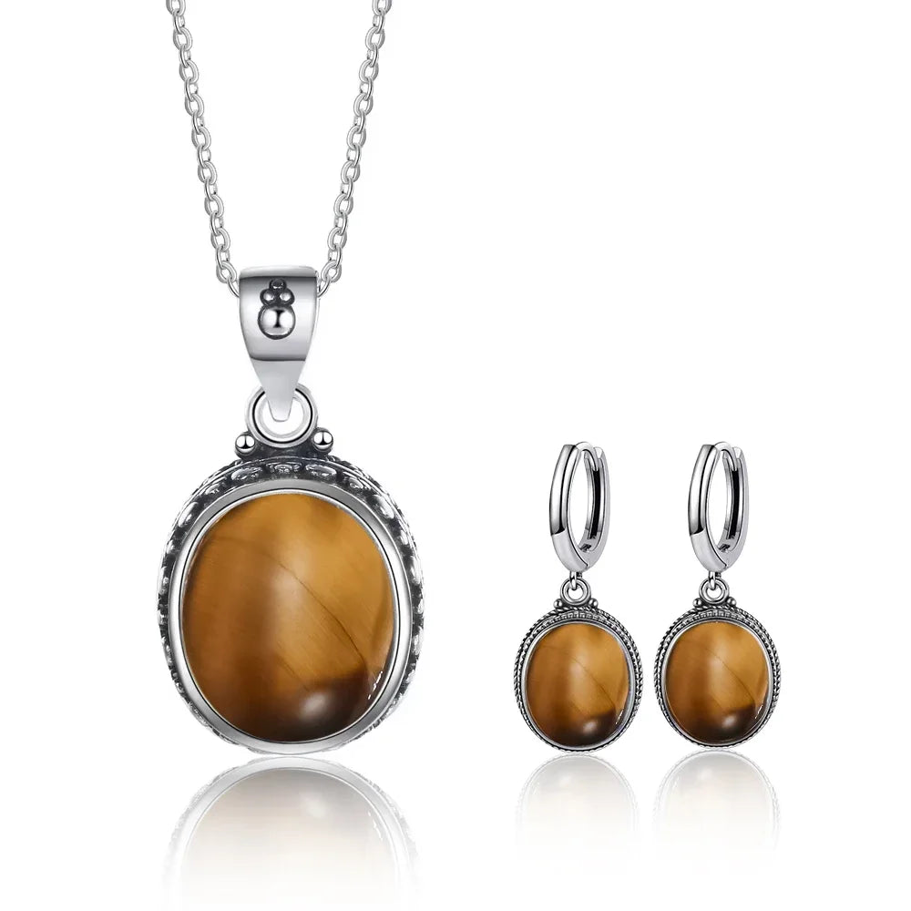 Vintage-Ohrring aus 925er-Sterlingsilber, ovaler natürlicher Kyanit-Stein, Mondstein, Labradorit, Creolen mit Halskette, Set für Frauen