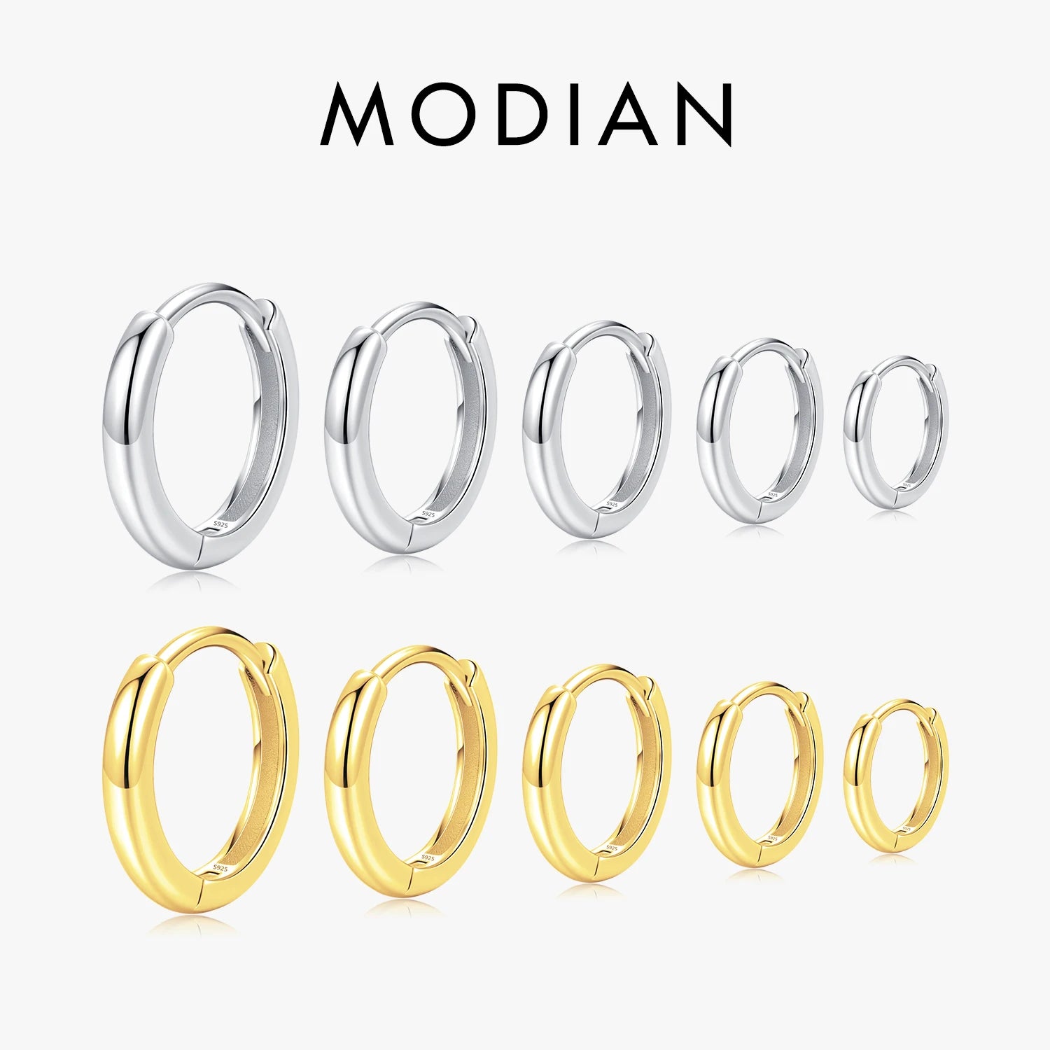 MODIAN 5 Größen 925 Sterling Silber Einfache stapelbare Kreis-Ohrschnallen Klassische Basic-Goldfarbene Creolen für Damenschmuck