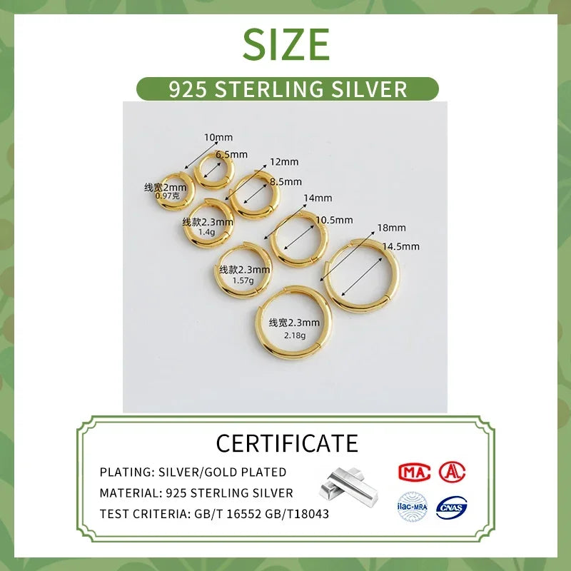 SOFTPIG Echtes 925er Sterlingsilber, 18 Karat Gold, 10/12/14/18 mm, runde Creolen für Damen, edler Schmuck, minimalistische Accessoires