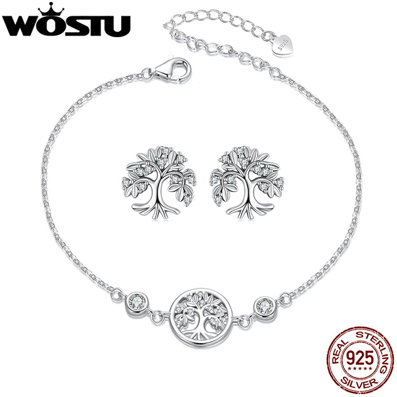 WOSTU Baum des Lebens Kettenglied-Armbänder Ohrstecker für Frauen 925 Sterling Silber AAA Zirkon Armband Familie Schmuckset Geschenk
