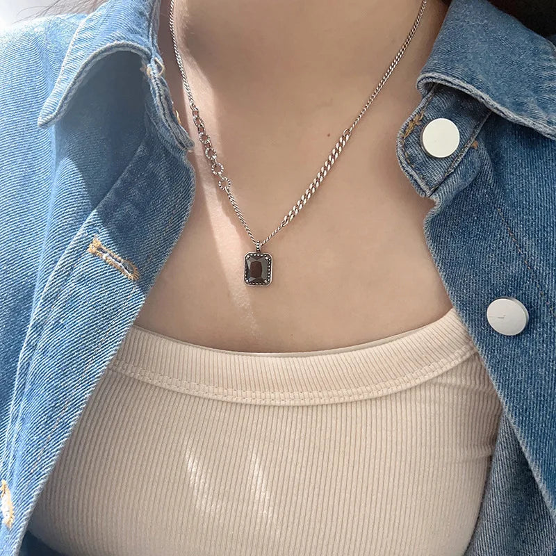 Halskette aus 925er-Sterlingsilber, schwarze Perlen, quadratisch, unregelmäßig, Punk, geometrisch, für Frauen und Mädchen, Schmuck, Geschenk, Dropshipping, Großhandel