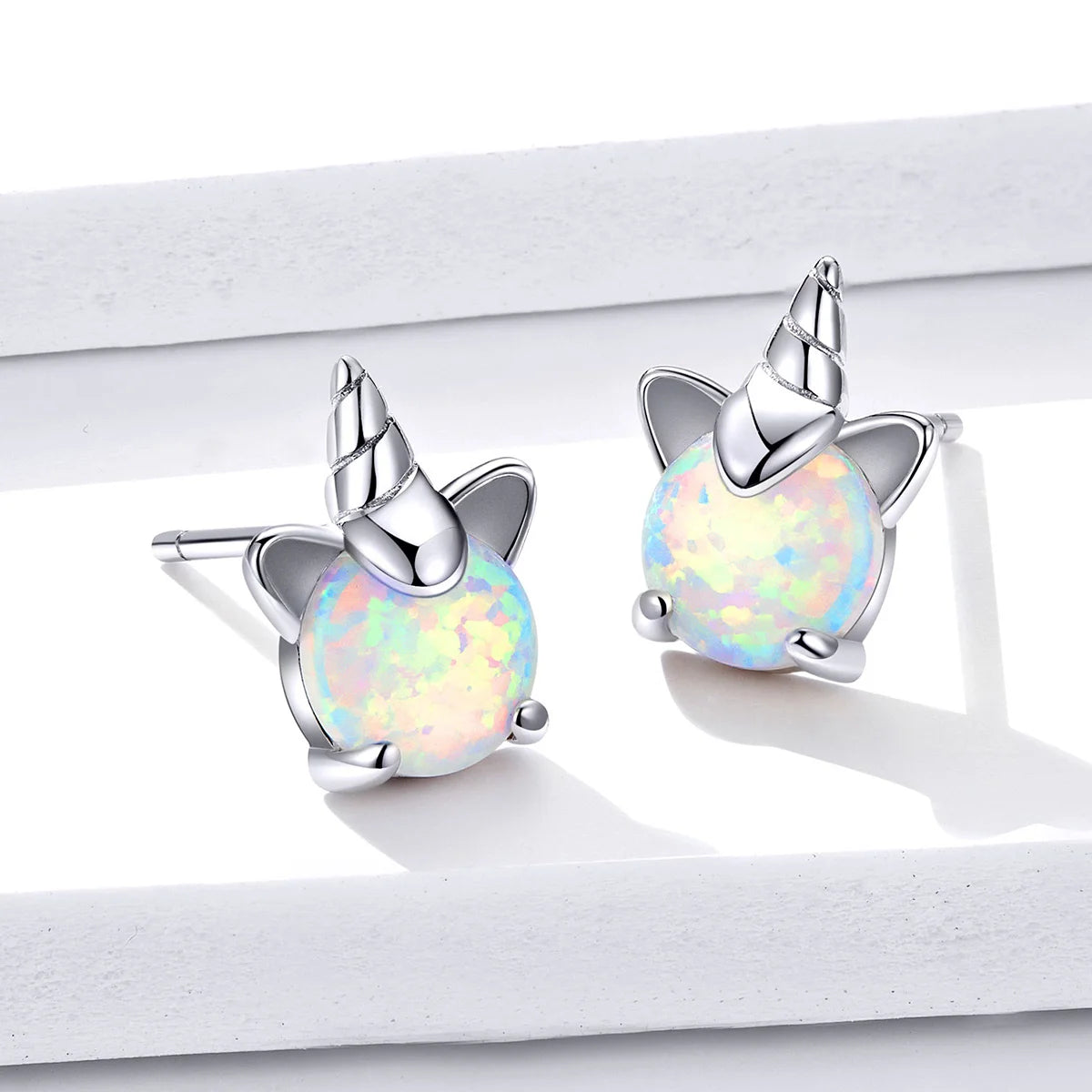 WOSTU 925 Sterling Silber Opal Stud Ohrringe Katze Einhorn Herz Blau Opal Ohrringe Für Frauen Original Silber 925 Schmuck